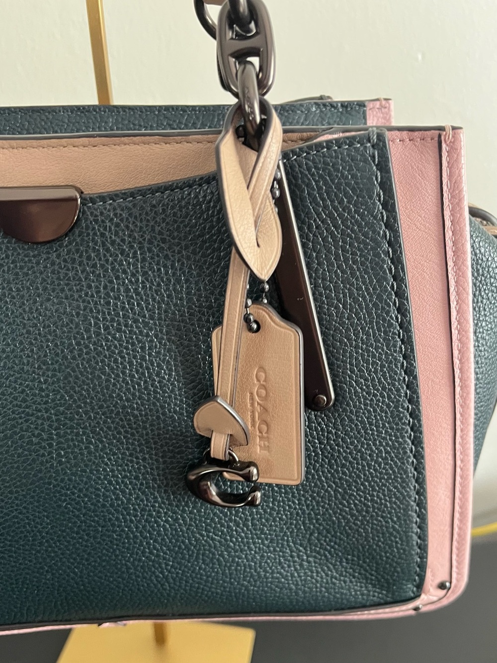 Coach Dreamer Pebbled Leather Satchel in Pine Green, Pink and Beige - Picture 4 of 10